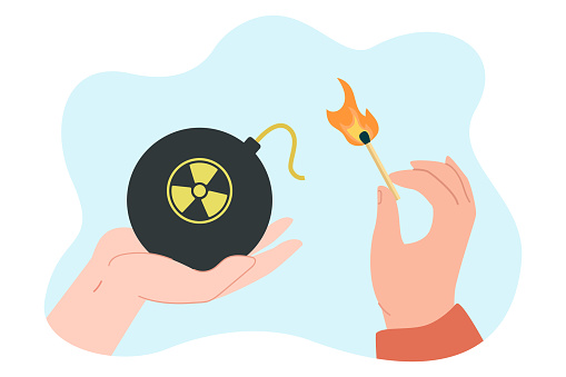 Api Radiasi Tangan Memegang Bom Dengan Simbol Radiasi Dan Korek Api Yang Terbakar ...