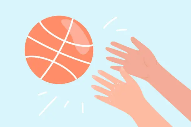 Vector illustration of Hands throwing or catching basketball ball on blue background