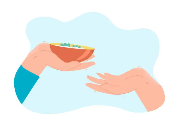 Vector illustration of Hand holding bowl with sauce or meal
