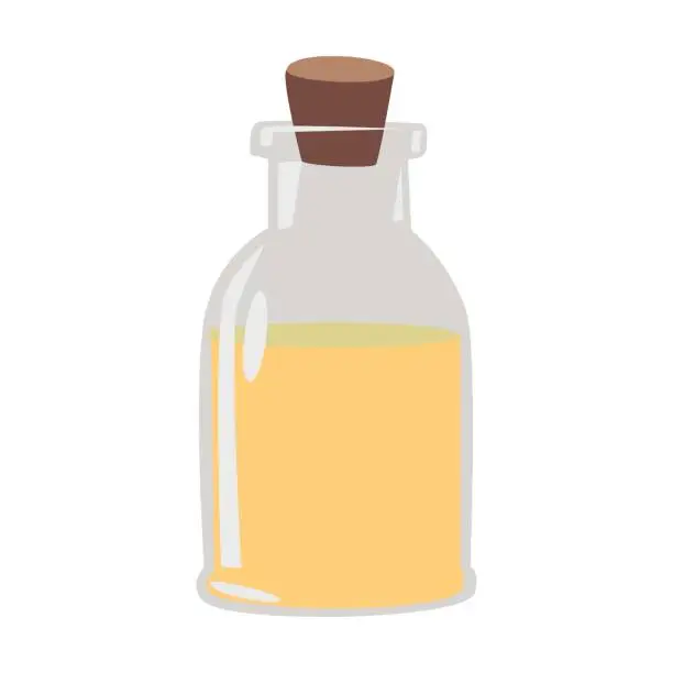 Vector illustration of Glass bottle with cork. Bath accessories on white background cartoon illustration. Hygiene, bathroom isolated on white background