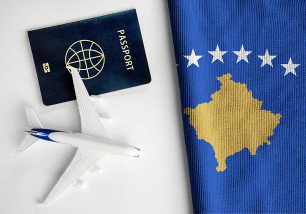Flag of Kosovo with passport and toy airplane. stock photo