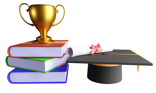 pile of books with degree cap and gold trophy, educational achievements, 3d render