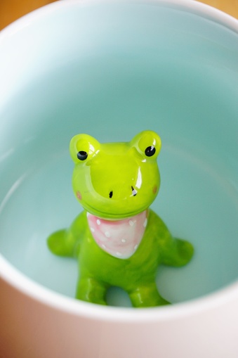 A closeup of cute green frog figurine in empty white mug with baby blue base