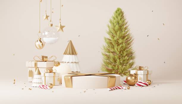 istock Christmas backgrounds with podium stage platform in minimal New year event theme. Merry Christmas scene for product display mock up banner. Empty stand pedestal decor in Xmas winter scene. 3D render. 1445640108