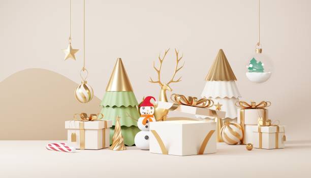 istock Christmas backgrounds with podium stage platform in minimal New year event theme. Merry Christmas scene for product display mock up banner. Empty stand pedestal decor in Xmas winter scene. 3D render. 1445640127