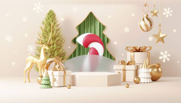istock Christmas backgrounds with podium stage platform in minimal New year event theme. Merry Christmas scene for product display mock up banner. Empty stand pedestal decor in Xmas winter scene. 3D render. 1445641259