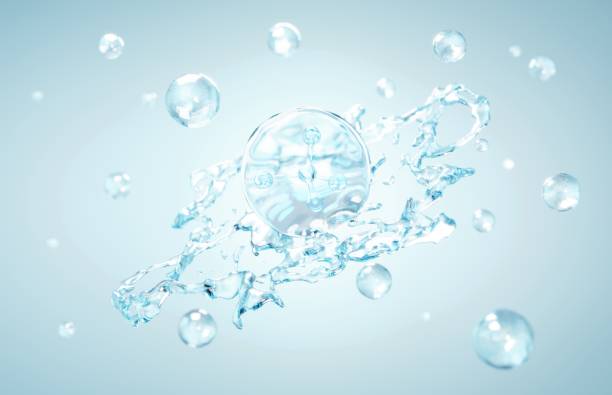 istock Cosmetics Hydro Essence water for moisturizer. Liquid splash bubble or molecule chemical structure on water background. Cosmetics Hydro power treatment. Purifying natural product. 3d rendering. 1445641543