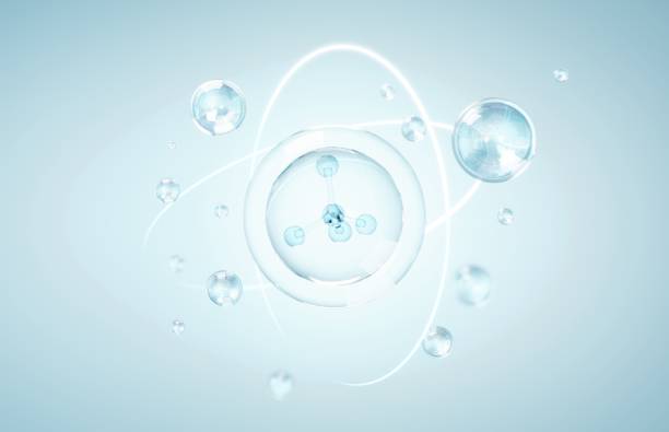 Cosmetics Essence molecule, collagen, Vitamin or Serum drop water for moisturizer. Liquid molecule chemical structure on water background. Cosmetics power treatment. Natural product. 3d rendering.
