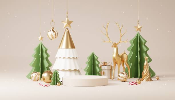 istock Christmas backgrounds with podium stage platform in minimal New year event theme. Merry Christmas scene for product display mock up banner. Empty stand pedestal decor in Xmas winter scene. 3D render. 1445642124