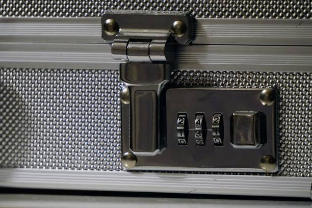 istock Closeup of an aluminum attache case lock placed on a white surface 1445642757