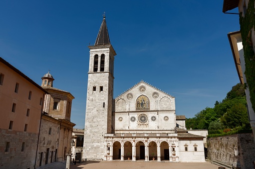 spolet, Italy – June 06, 2022: Spoleto , Italy  Cathedral of Santa Maria Assunta facade and square , Romanesque architecture