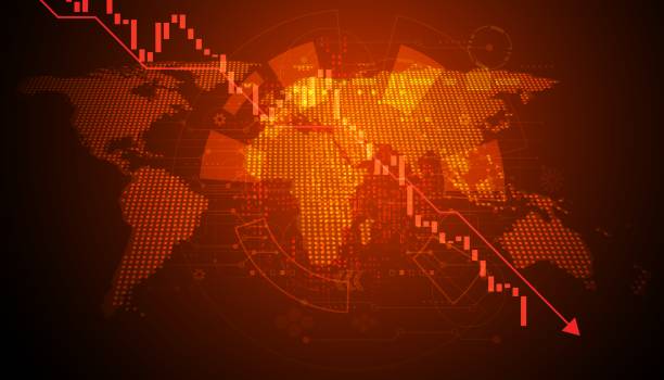 istock Abstract map dot and stock market charts are falling or bear market or rug pull the market is going down hard. On a red-orange background. 1445642814