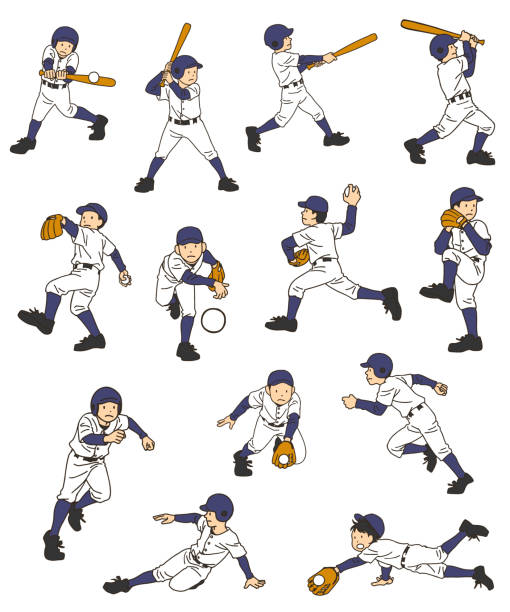 verschiedene aktionen von baseballspielern - baseball hitting baseball player child stock-grafiken, -clipart, -cartoons und -symbole