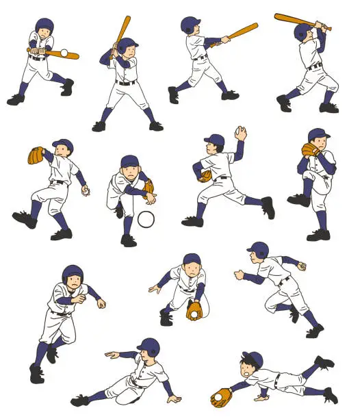 Vector illustration of Various actions of baseball players