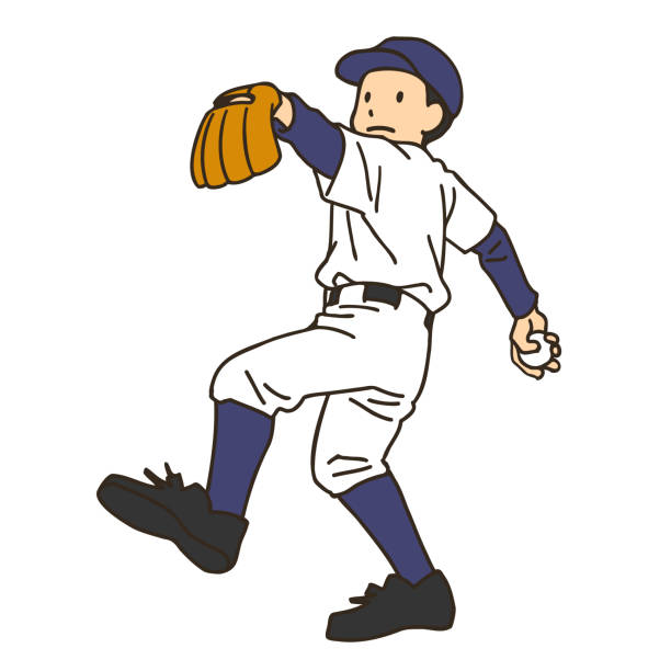 야구 선수가 지금 공을 던지고 있다 - white background baseball one person action stock illustrations