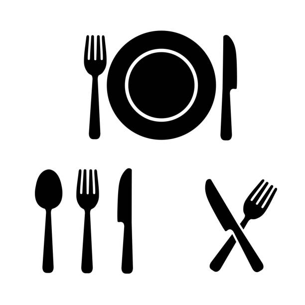 besteck icon set: schwarz und weiß - plate silverware fork table knife stock-grafiken, -clipart, -cartoons und -symbole