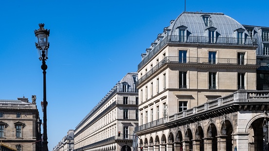 Paris, panorama of the rue de Rivoli, typical building, parisian facade