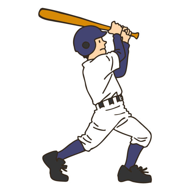 ilustraciones, imágenes clip art, dibujos animados e iconos de stock de un jugador de béisbol ahora balanceando el bate - white background baseball one person action