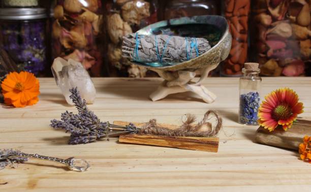 istock Dried Lavender With Palo Santo Wood and Abalone Shell For Smudging Ritual 1445646972
