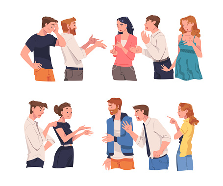 Quarreling people set. People arguing and emotionally disputing, angry colleagues. Conflicts between people cartoon vector illustration