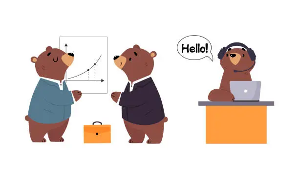 Vector illustration of Bear character business activities set. Brown wild animal employee in suit working in office cartoon vector illustration