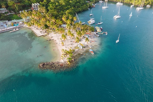 The aerial view of Marigot Bay, St. Lucia, West Indies.