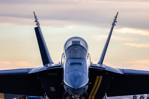 Closeup of the Blue Angels FA-18 Super Hornet at the Dayton Air Show 2022 in Dayton, Ohio, USA Dayton, United States – July 31, 2022: A closeup of the Blue Angels FA-18 Super Hornet at the Dayton Air Show 2022 in Dayton, Ohio, USA fa 18 hornet stock pictures, royalty-free photos & images