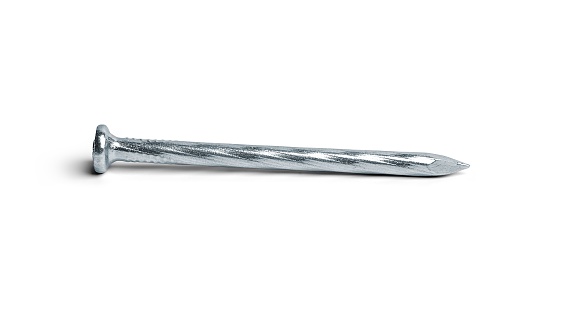 A Silver Steel Nail for construction on a white background