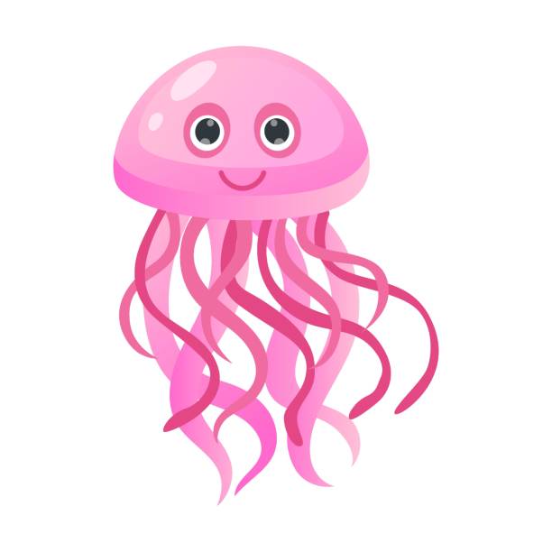 istock Pink transparent jellyfish, ocean or sea creature character vector illustration. Cute funny underwater animal for kids isolated on white background 1445651269