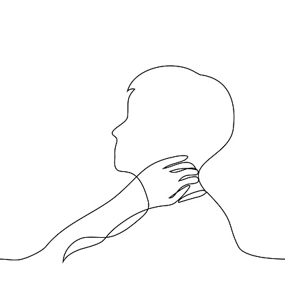 The profile of a man holding his lower nape is one line drawing. Concentration of meditation, self-massage, neck pain