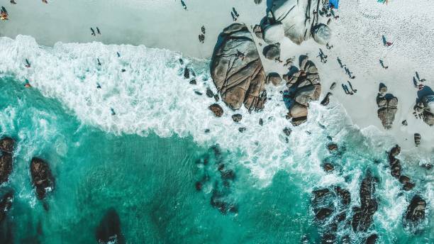 Aerial drone shot of the Clifton Beach in Cape Town, South Africa An aerial drone shot of the Clifton Beach in Cape Town, South Africa clifton stock pictures, royalty-free photos & images