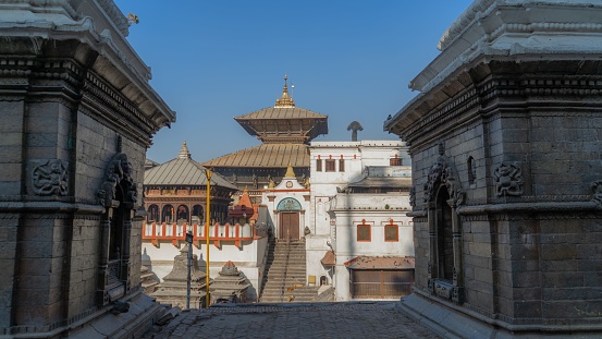 A scenic view of a Pashupatinath Temple in Nepal in blue sky background