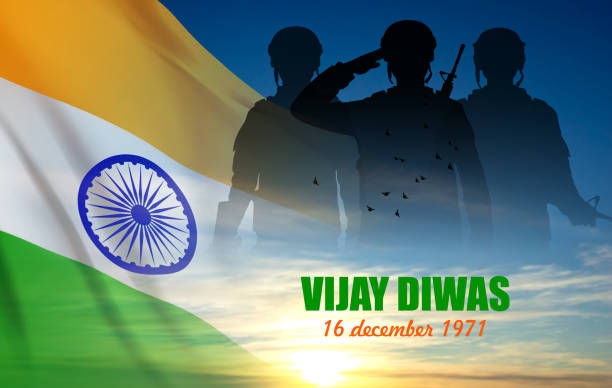 Silhouette of soldiers with India flag on a background the sky Silhouette of soldiers with India flag on a background the sky. Greeting card for Independence day, Republic Day, Vijay Diwas. EPS10 vector vijay diwas stock illustrations