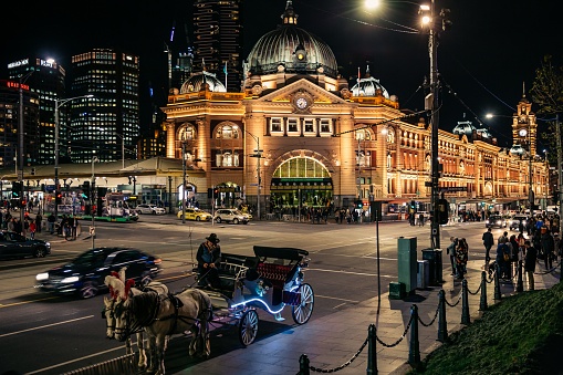 Melbourne, Australia: April 07, 2018: Street view of Flinders Street Station in Federation Square.