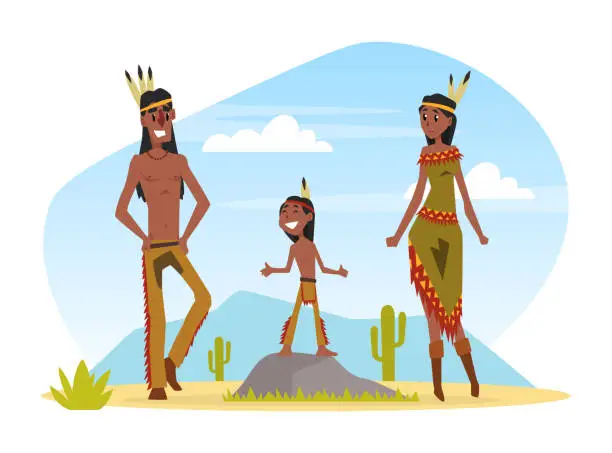 Vector illustration of Native Americans with Kid in Traditional Ethnic Clothes with Feathers in Their Head Vector Illustration