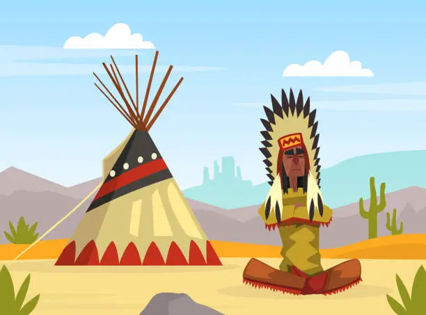 Vector illustration of Native American in Traditional Ethnic Clothes with Feathers in Their Head Sitting Near Tipi Vector Illustration