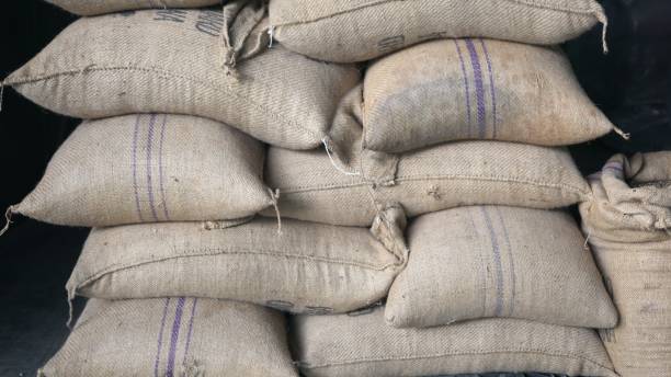 istock Pile of white Hemp sacks of coffee bean 1445657784