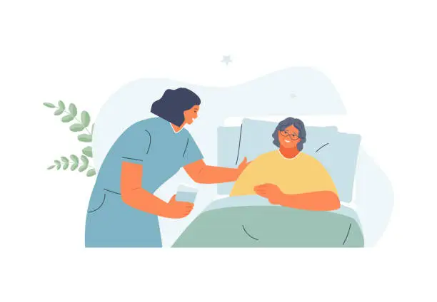 Vector illustration of Nurse caring for a sick old woman