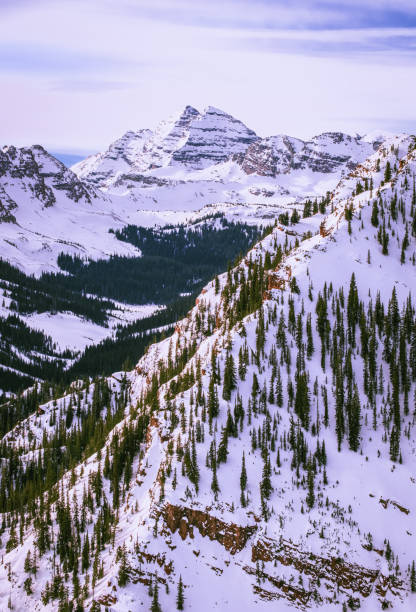 Vertical view of beautiful Colorado mountain range on nice winter day