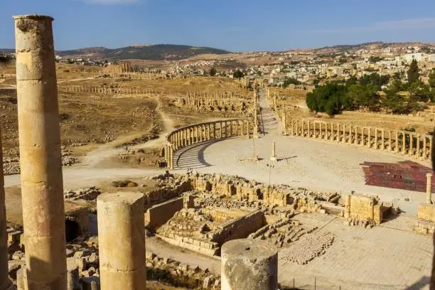 The Oval Forum and Cardo Maximus in ancient Roman city Jerash in Jordan