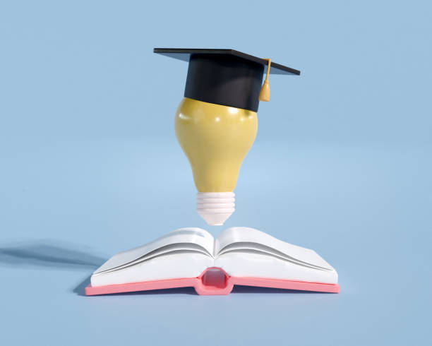 istock 3d render graduation hat on light bulb. learning school and knowledge. graduation of university concept. degree cap,pencil and book. open book new idea. 3d render illustration minimal style. 1445660068