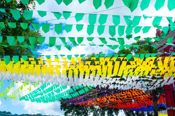 istock Colorful flags hanging in the air 1445661150