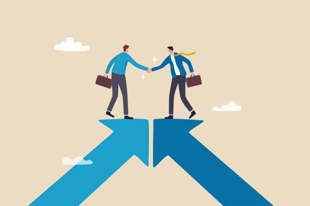 협력 파트너십, 성공을 위해 함께 일, 팀 협업, 합의 또는 협상, 협업 개념, 성장 화살표에 대한 사업가 악수 연결 합류 함께 일하기로 동의합니다. - business strategy partnership togetherness assistance stock illustrations