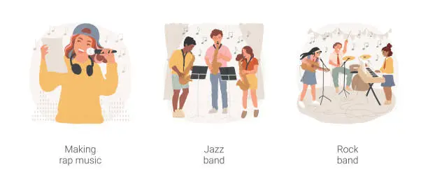 Vector illustration of Middle school music classes isolated cartoon vector illustration set.