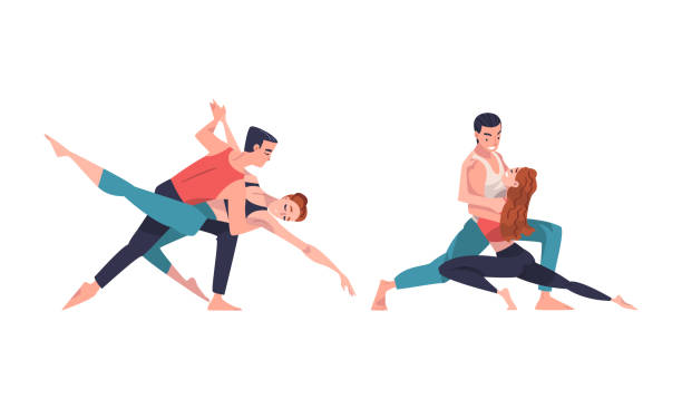 istock Couple of professional dancers training and exercising in studio, performing choreographic elements cartoon vector illustration 1445664415