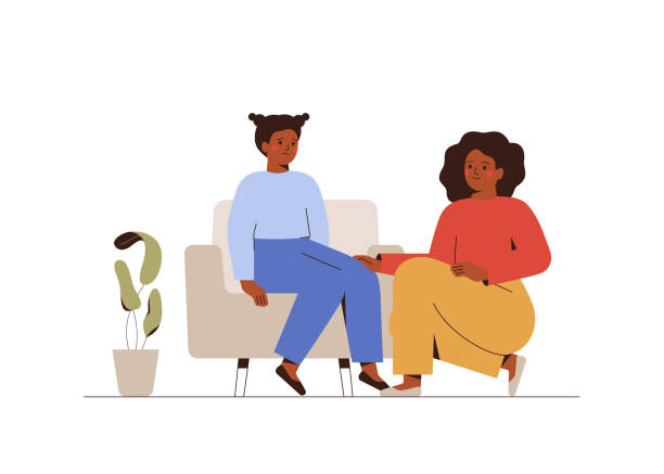 illustrations, cliparts, dessins animés et icônes de maman soutient sa fille triste. une fille déprimée parle avec ses parents. une écolière partage ses problèmes mentaux avec sa mère. - parents ado