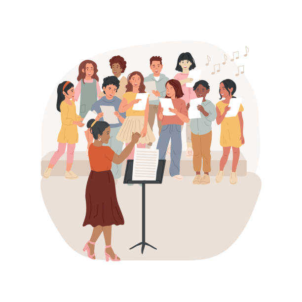 Chorus rehearsal isolated cartoon vector illustration. Chorus rehearsal isolated cartoon vector illustration. Music rehearsal, middle school choir performance, teach vocal technique, children singing on stage, orchestra class vector cartoon. school choir stock illustrations