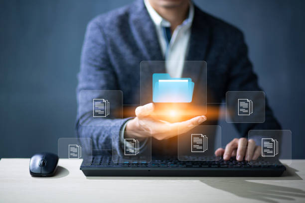 istock Document Management System DMS and Software for archiving searching and managing files online document database. Consultant information technology setup DMS technology 1445666191