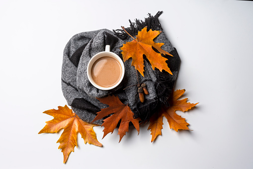 a cup of coffee and autumn leaves on a white surface with copy space in the image is overlaided