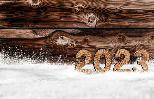 Year 2023 made of wood in snow